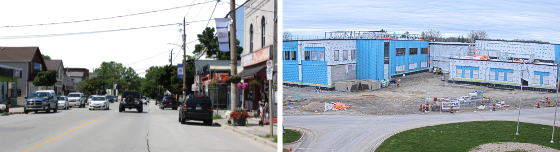 side by side: left town street with stores and cars right building under construction