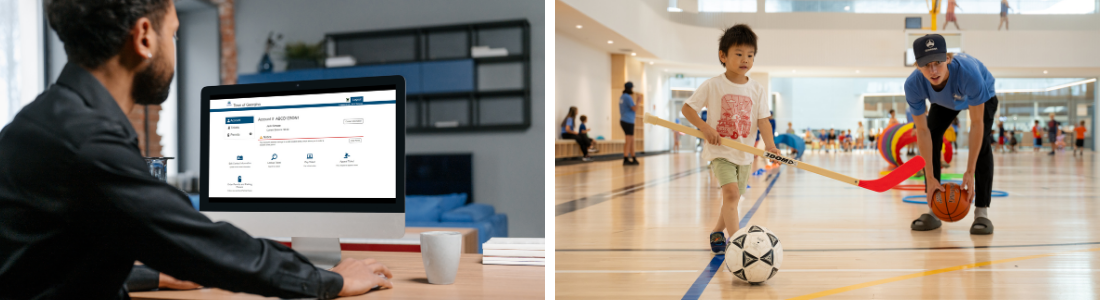 person on a computer and child playing with teenager in a gym