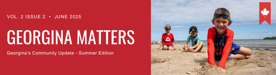 Georgina Matters Georgina's Community Update - Summer Edition Vol 2 Issue 2 June 2025 with three boys playing in the sad with lake behind them
