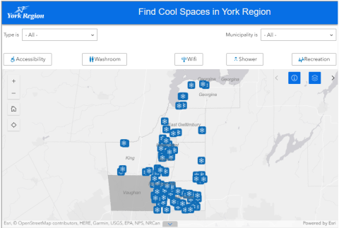 map of York Region depicting icons where cooling centres are located