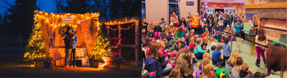 side by side, left nighttime with holiday lights and people taking selfies, right, lots of children sitting on the floor watching a performer