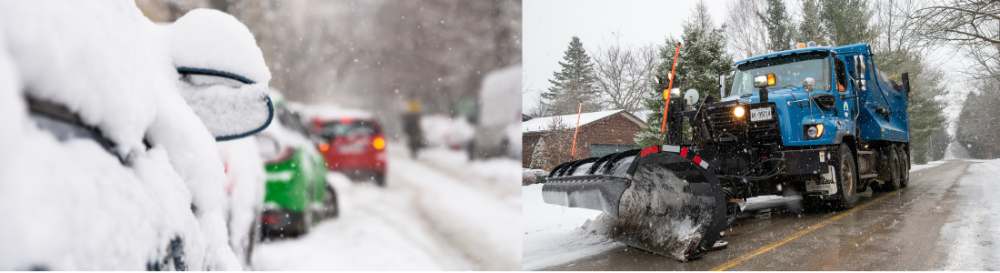 Side by side left cars covered in snow parked on the side of a road right, snowplow