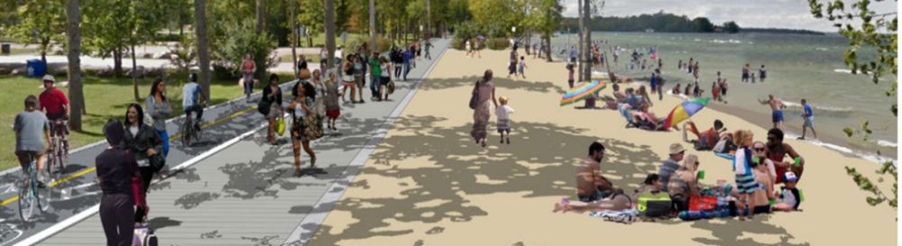 Illustration of a busy waterfront with a multi-use trail, pedestrians and cyclists alongside a sandy beach with people relaxing and swimming.